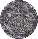 Close-up of round Alissa Black Area Rug. Traditional style, with black, charcoal, gray, and ivory colors. Design-Round-53
