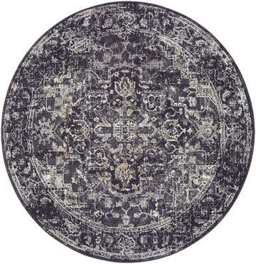 Close-up of round Alissa Black Area Rug. Traditional style, with black, charcoal, gray, and ivory colors. Design-Round-53