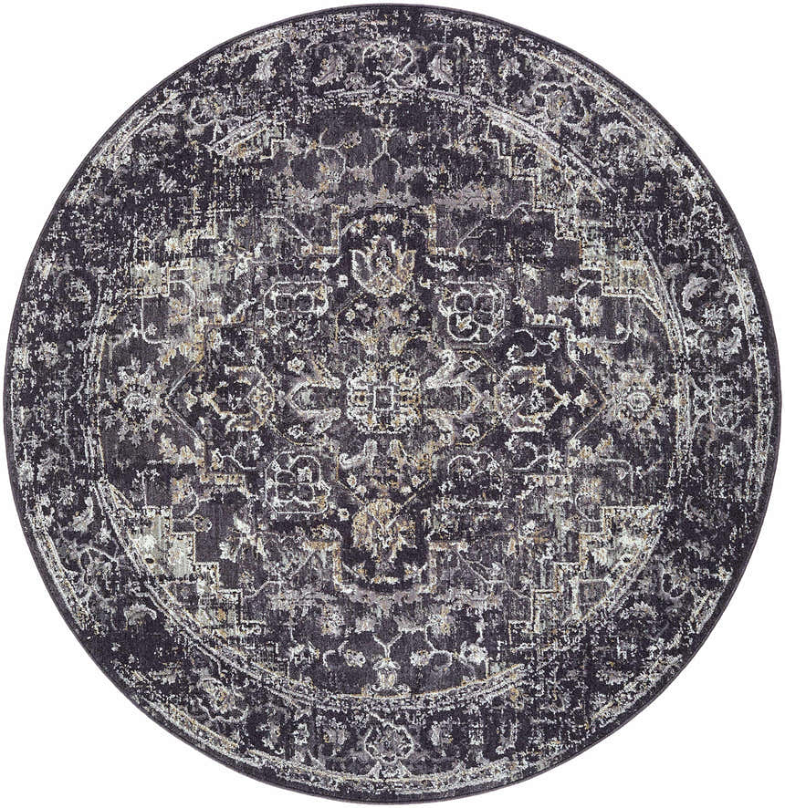 Close-up of round Alissa Black Area Rug. Traditional style, with black, charcoal, gray, and ivory colors. Design-Round-53