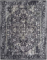 Close-up of the Alissa Black Area Rug, showcasing its traditional, distressed floral pattern in black, charcoal, gray, and ivory. Design-Rectangle-710102