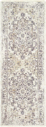 Close-up of the Alissa Cream Area Rug. Traditional design with charcoal, cream, gray, and tan floral and geometric patterns. Design-Runner-2773