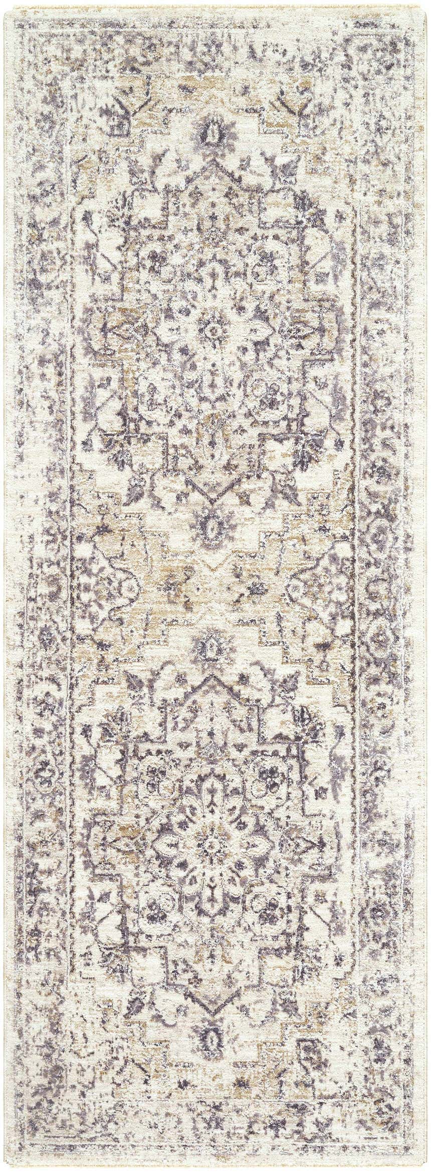 Close-up of the Alissa Cream Area Rug. Traditional design with charcoal, cream, gray, and tan floral and geometric patterns. Design-Runner-2773