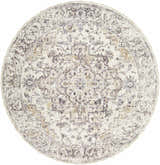 Close-up of the round Alissa Cream Area Rug, showing its traditional charcoal, tan, and ivory floral pattern. Design-Round-53