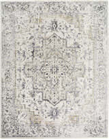 Close-up of the Alissa Cream Area Rug, featuring a traditional floral pattern in cream, charcoal, gray, and tan hues. Design-Rectangle-710102
