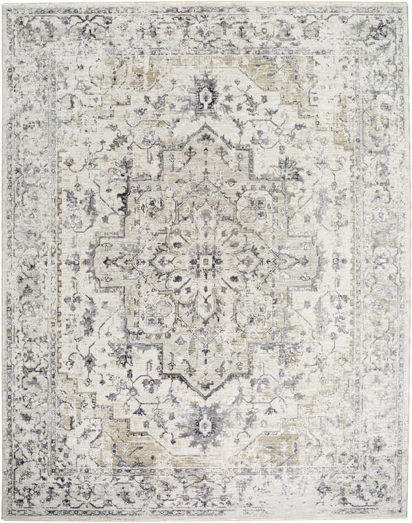 Close-up of the Alissa Cream Area Rug, featuring a traditional floral pattern in cream, charcoal, gray, and tan hues. Design-Rectangle-710102