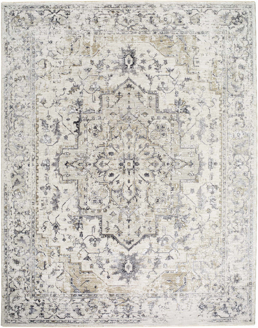 Close-up of the Alissa Cream Area Rug, featuring a traditional floral pattern in cream, charcoal, gray, and tan hues. Design-Rectangle-710102