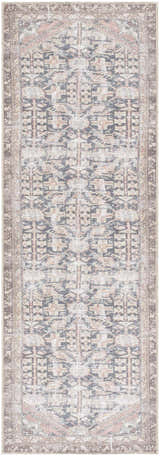 Close-up of the Ameera Washable Area Rug. Beige, black, and blue traditional design with a dark brown border. Design-Runner-27710