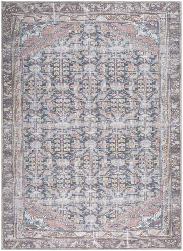 Close-up of the Ameera Washable Area Rug. Traditional pattern in beige, black, blue, cream, and dark red. Design-Rectangle-5373