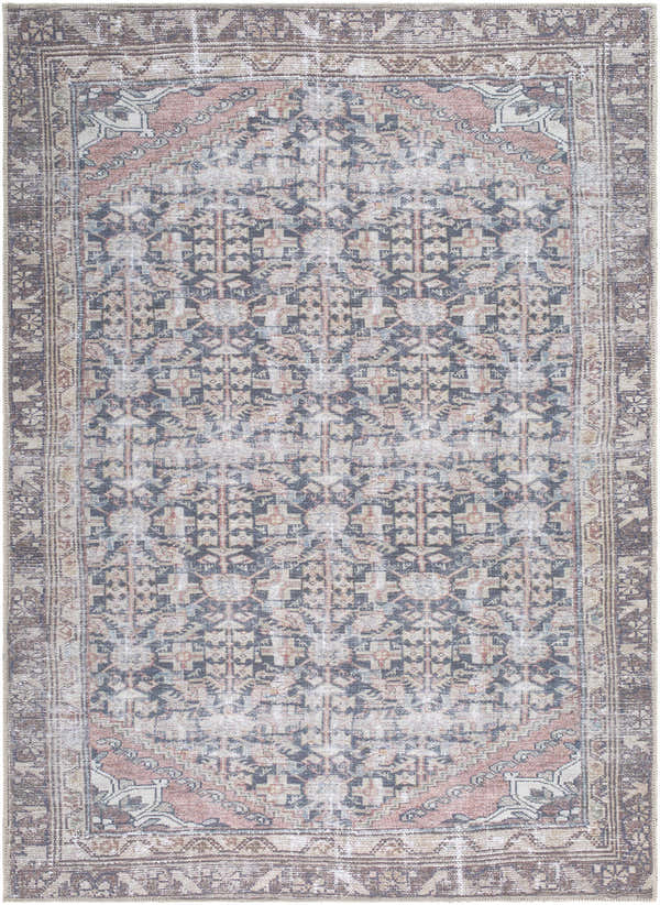 Close-up of the Ameera Washable Area Rug. Traditional pattern in beige, black, blue, cream, and dark red. Design-Rectangle-5373