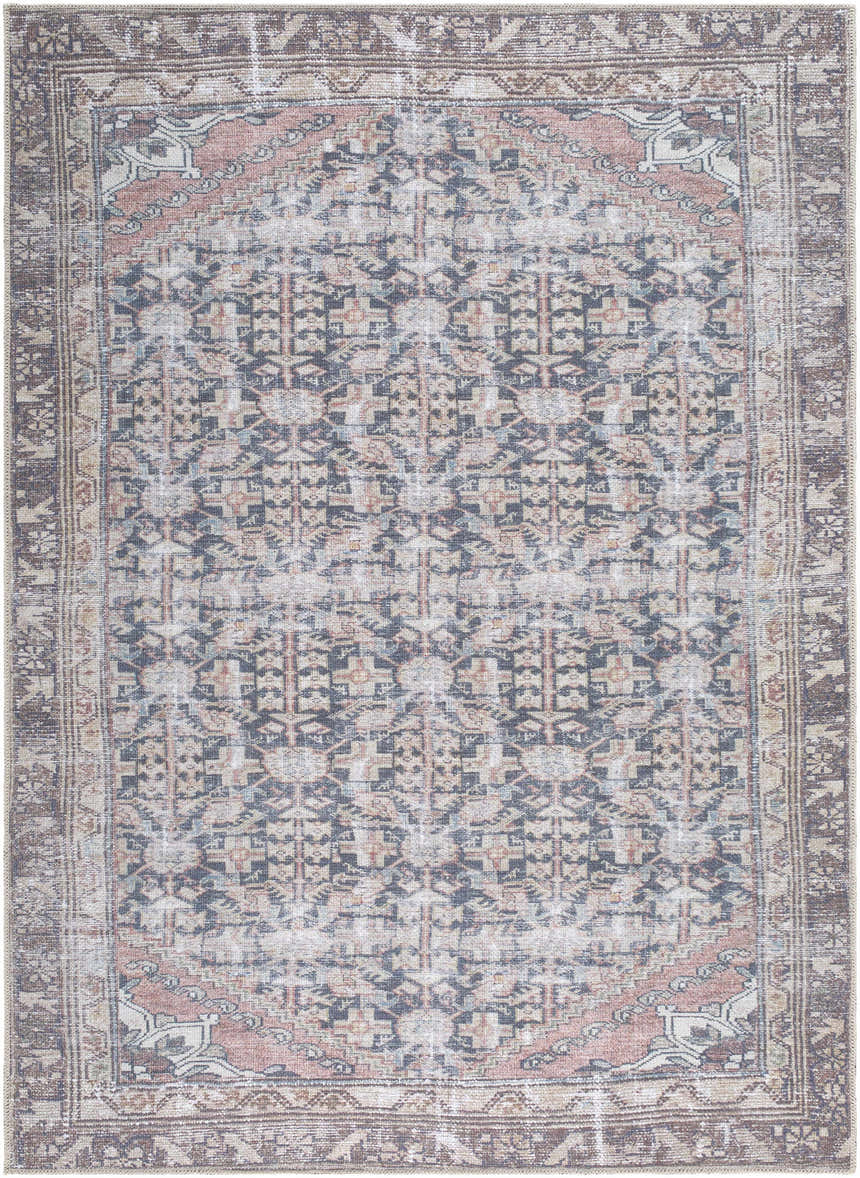 Close-up of the Ameera Washable Area Rug. Traditional pattern in beige, black, blue, cream, and dark red. Design-Rectangle-5373