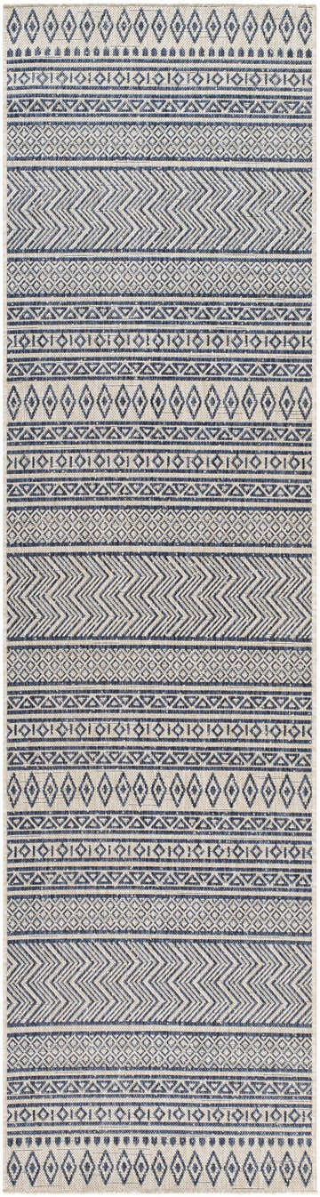 Close-up of Madras Ink All Over Performance Rug. Features a geometric pattern in ink and light gray hues. Design-Runner-2710
