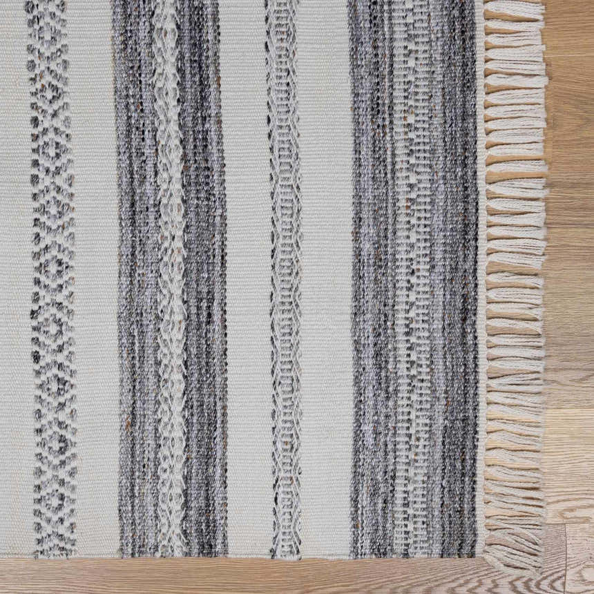 Close-up of the Geographe Indoor & Outdoor Rug. Light beige rug with black, brown, and charcoal striped pattern and fringe. Swatch
