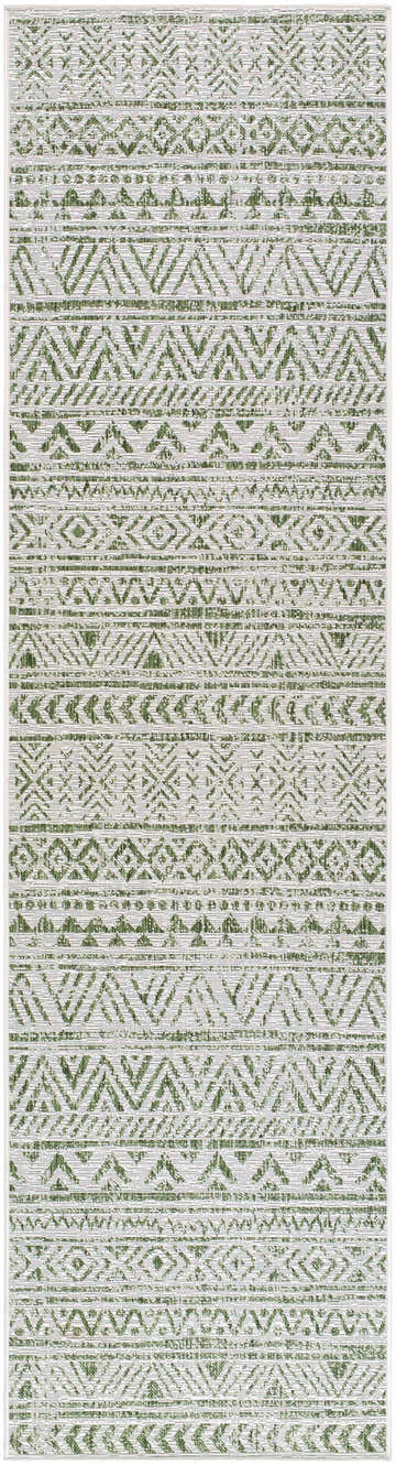 Close-up of the Novato Olive All Over Pattern Performance Rug. Farmhouse style rug with olive green geometric pattern. Design-Runner-2710