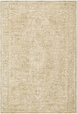 Close-up of the Antoan Sandstone Area Rug. Traditional design in ivory, sandstone, and taupe hues. Machine woven polyester rug. Design-Rectangle-6796
