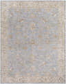 Close-up of the Avivit Sage Area Rug; a traditional rug in blue, cream, sage, and tan with a floral pattern and decorative border. Design-Rectangle-710102