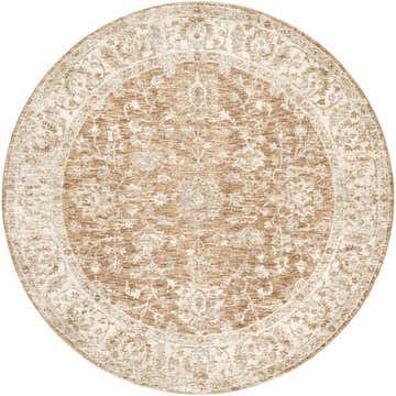 Close-up of a round Avivit Cream Area Rug. Farmhouse style rug in cream, tan, and blue floral pattern. Design-Round-53