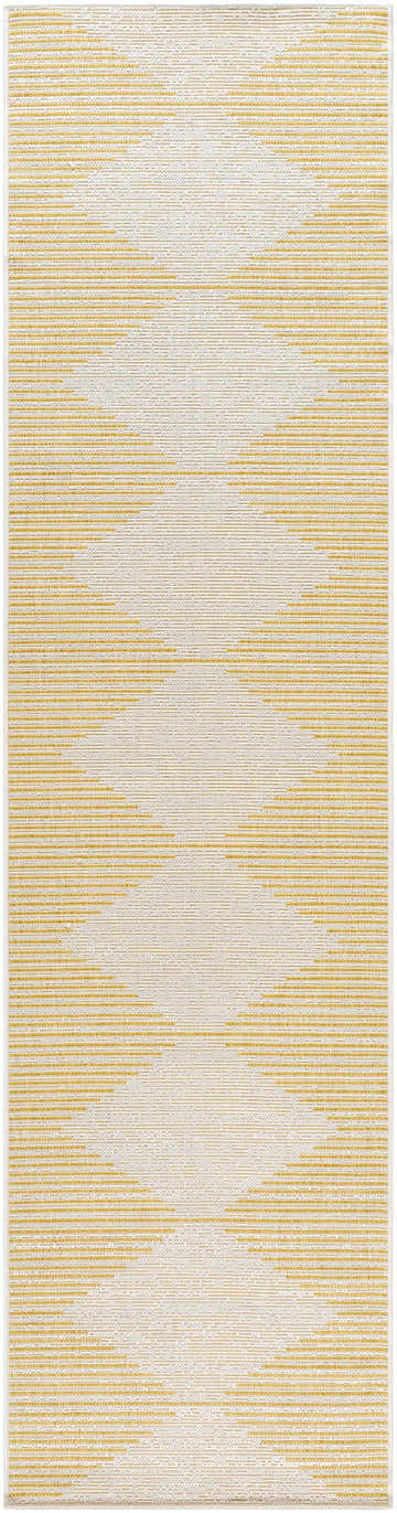 Close-up of Gigi Area Rug. Beige and gold geometric diamond pattern. Machine woven polypropylene rug. Design-Runner-2710