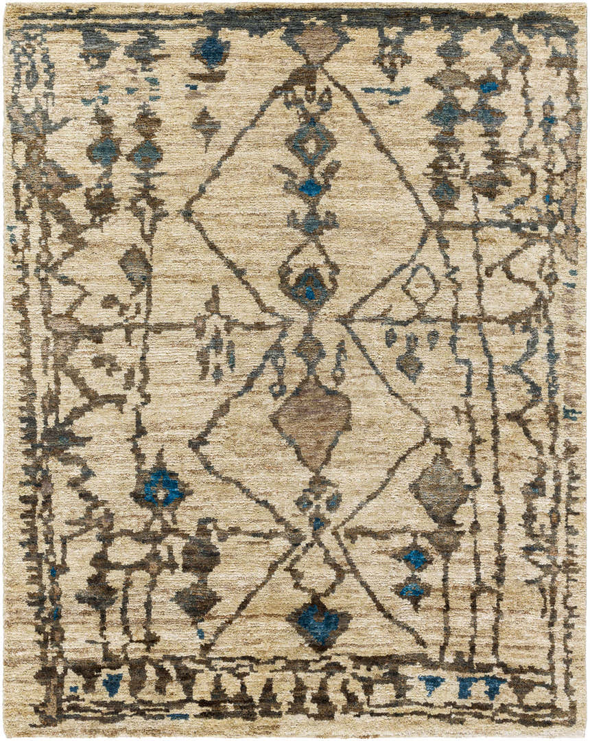 Close-up of a hand-knotted Glide Premium Jute Rug. Beige jute rug with blue, tan, and taupe bohemian-style diamond pattern. Design-Rectangle-810