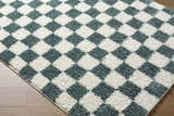 Close-up of Goianinha Area Rug, showing a green and white diamond pattern and soft, textured pile. Corner
