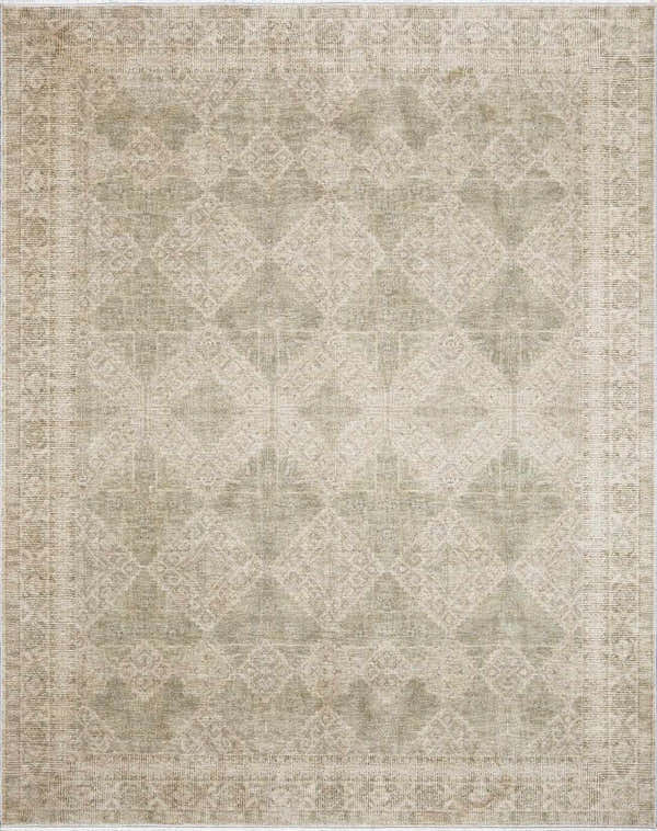 Close-up of Fetscher IV Vintage Damask Area Rug. Light brown, olive, and peach tones with a traditional damask pattern. Design-Rectangle
