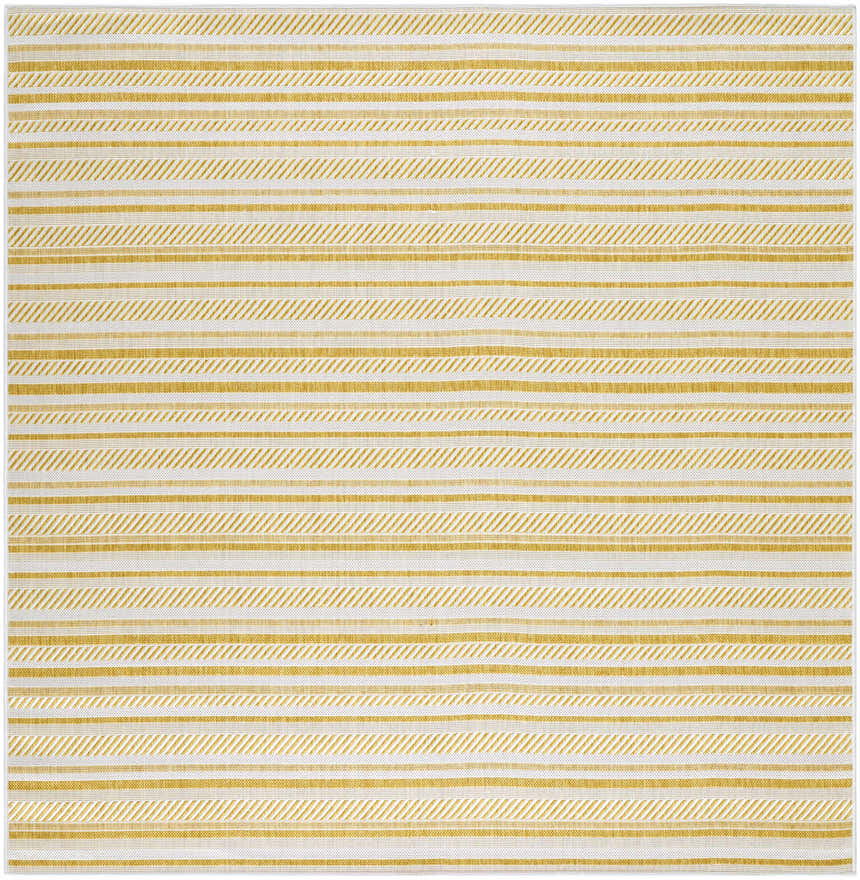 Close-up of Grian Area Rug with beige and metallic gold stripes. Farmhouse style, machine woven texture. Design-Square-67