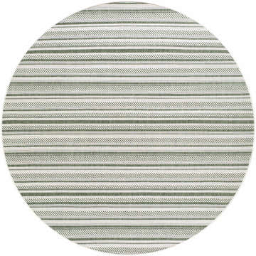 Close-up of a round Gram Striped Nordic Rug in gray, taupe, and brown with a farmhouse style. Design-Round-710