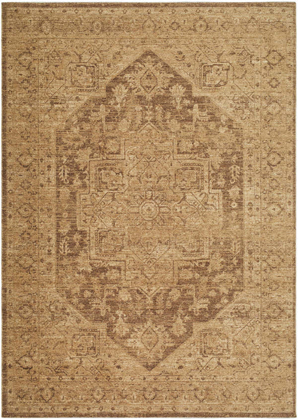 Close-up of the Garima Area Rug. Beige, chestnut, and sandstone tones create a traditional, farmhouse-style pattern. Design-Rectangle-679
