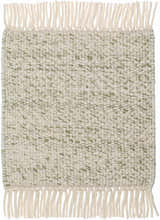 Close up of the Sorell Sage Rug showing its textured weave, ecru and sage colors, and fringe. Swatch
