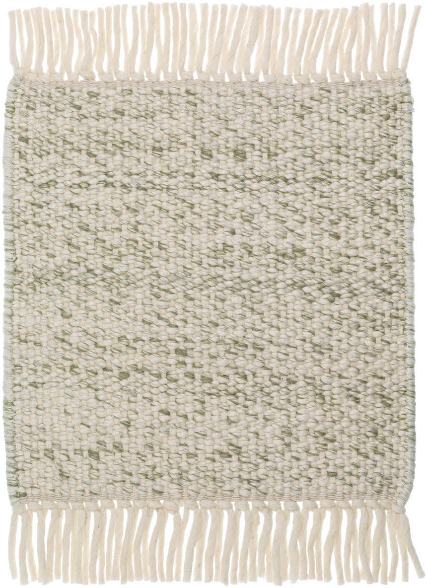Close up of the Sorell Sage Rug showing its textured weave, ecru and sage colors, and fringe. Swatch