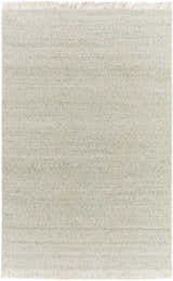 Close-up of the Sorell Sage Rug, a hand-woven wool rug with a textured weave and ecru fringe. Cottage farmhouse style. Design-Rectangle-576