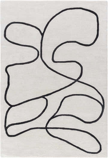 Close-up of the Asasia Area Rug. Contemporary style, hand-tufted wool rug with a charcoal abstract design on an ivory background. Design-Rectangle-576