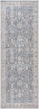 Close-up of the Mary Machine Woven Vivir x LIVABLISS VVMR-2300 Area Rug featuring a traditional beige, black, and blue floral pattern. Design-Runner-2777