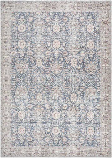 Detailed beige and blue Mary Machine Woven Vivir x LIVABLISS area rug with a traditional floral pattern. Design-Rectangle