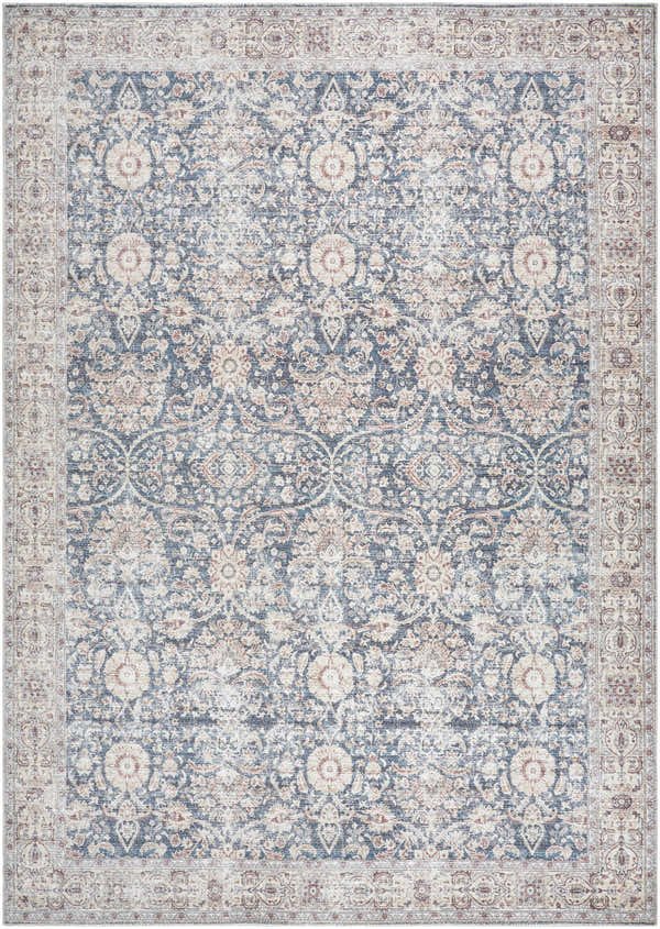 Detailed beige and blue Mary Machine Woven Vivir x LIVABLISS area rug with a traditional floral pattern. Design-Rectangle