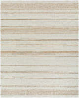 Close-up of the hand woven Ciaran Area Rug. Ivory wool rug with sandstone and taupe horizontal stripes. Design-Rectangle-810