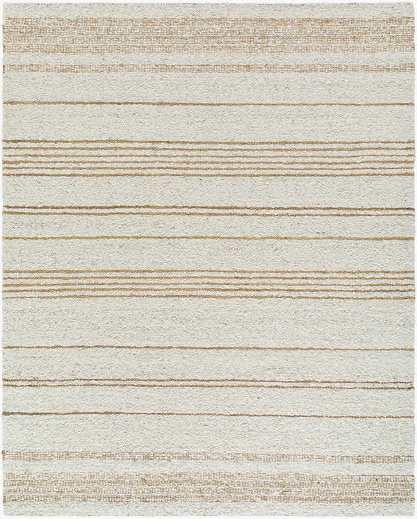 Close-up of the hand woven Ciaran Area Rug. Ivory wool rug with sandstone and taupe horizontal stripes. Design-Rectangle-810
