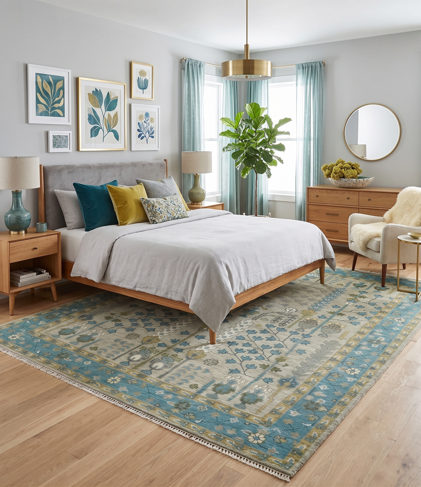 Tree of life Hand Knotted Traditional Beige and Blue Vintage Style Custom Made Wool Area Rug