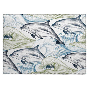 Dalyn Harbor HA10 Ivory Washable Area Rug with a sketched dolphin and wave pattern in shades of blue and green.