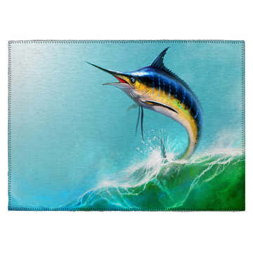 Dalyn Harbor HA2 Bermuda Washable Area Rug with marlin fish design in beige, bermuda, and teal. Coastal style.