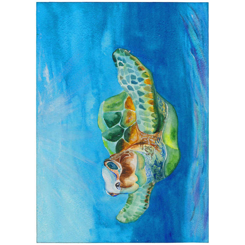 Dalyn Harbor HA3 Ocean Washable Area Rug featuring a green sea turtle on a blue watercolor background.