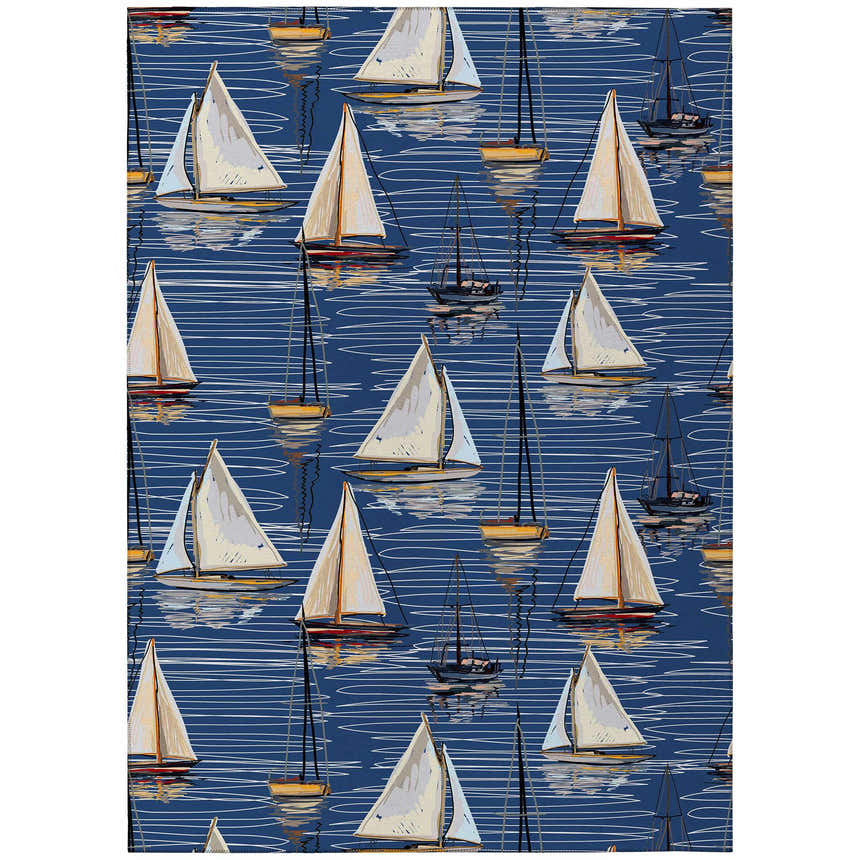 Dalyn Harbor Navy Washable Area Rug close-up. Coastal style with sailboat pattern, navy background, and beige, black, and gold accents.