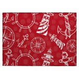 Dalyn Harbor HA9 Red Washable Area Rug. Coastal rug with white anchors, compasses, and lighthouses on a red background.