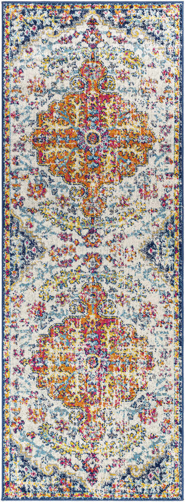 Detailed texture of the Livabliss Harput HAP-1000 area rug with aqua, blue, and burnt orange floral patterns. Design-Runner-2773
