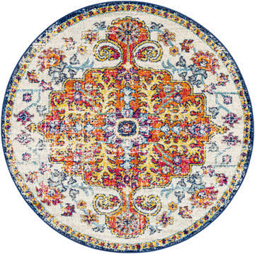 Close-up of a round Livabliss Harput HAP-1000 area rug. Farmhouse style rug with aqua, blue, orange, and red floral pattern. Design-Round-53