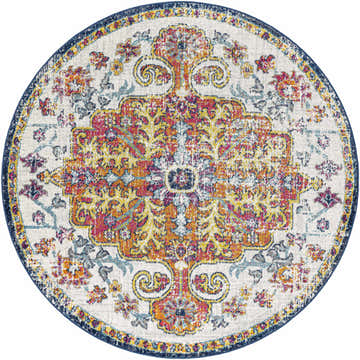Close-up of the round Livabliss Harput HAP-1000 Area Rug. Features a traditional floral pattern in aqua, blue, red, and mustard on off-white. Design-Round-6