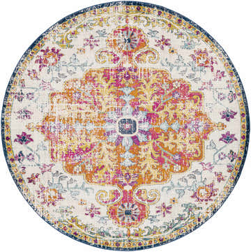 Close-up of round Livabliss Harput HAP-1000 area rug. Features a traditional floral pattern in aqua, blue, and burgundy on off-white. Design-Round-710
