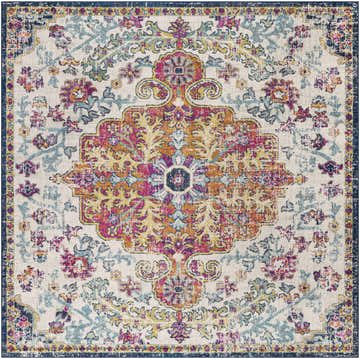 Detailed view of the Livabliss Harput HAP-1000 area rug. Features a traditional floral pattern in aqua, blue, red, and mustard on an off-white base. Design-Square-710