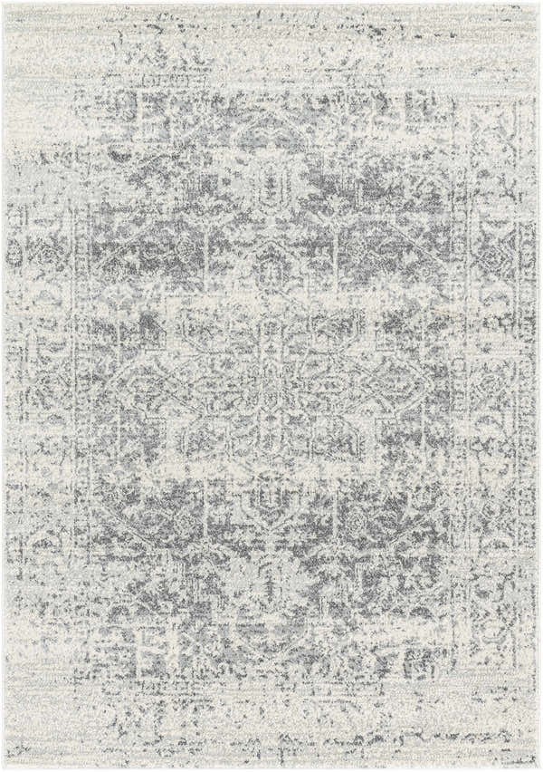 Close-up of Livabliss Harput HAP-1024 area rug. Farmhouse style rug in charcoal, medium gray, and off white. Design-Rectangle-31157