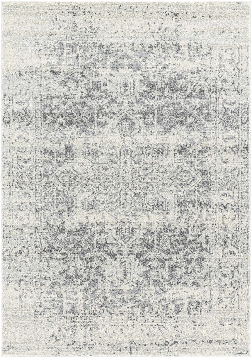 Close-up of Livabliss Harput HAP-1024 area rug. Farmhouse style rug in charcoal, medium gray, and off white. Design-Rectangle-31157