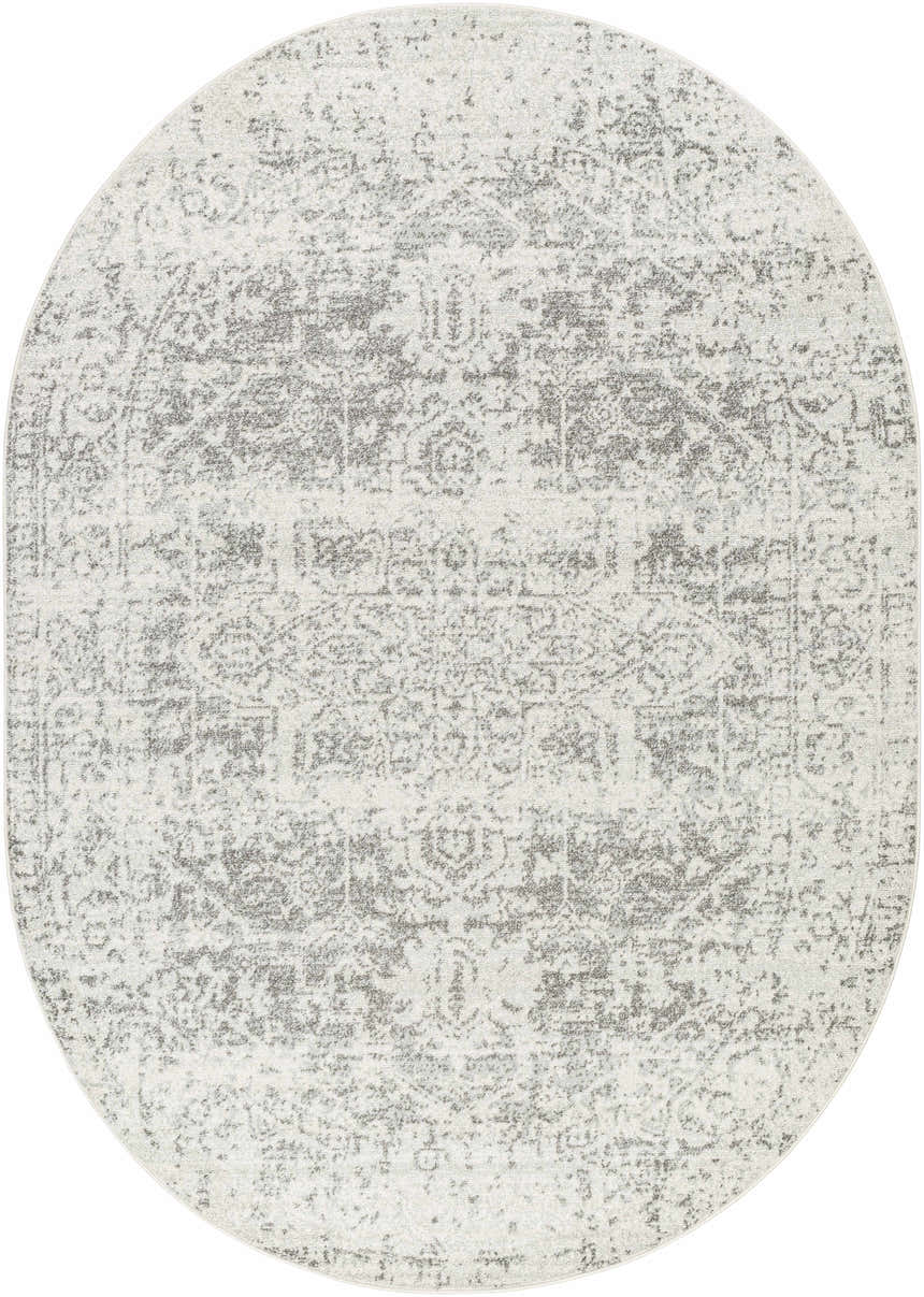 Close-up of the oval Livabliss Harput HAP-1024 area rug. Charcoal and off-white traditional pattern. Design-Oval-679